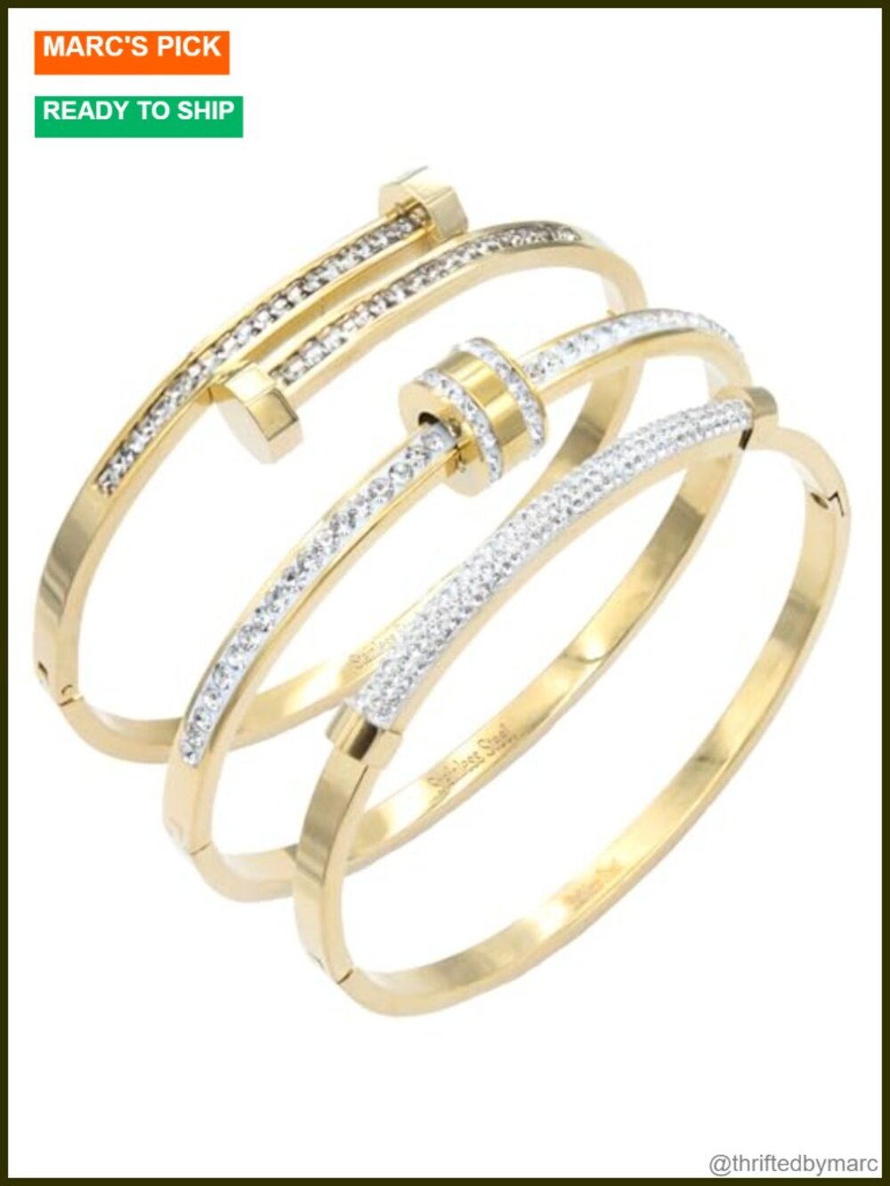 3pc Stainless Steel Bangle Bracelet Set with Cubic Zirconia - Hinged CZ